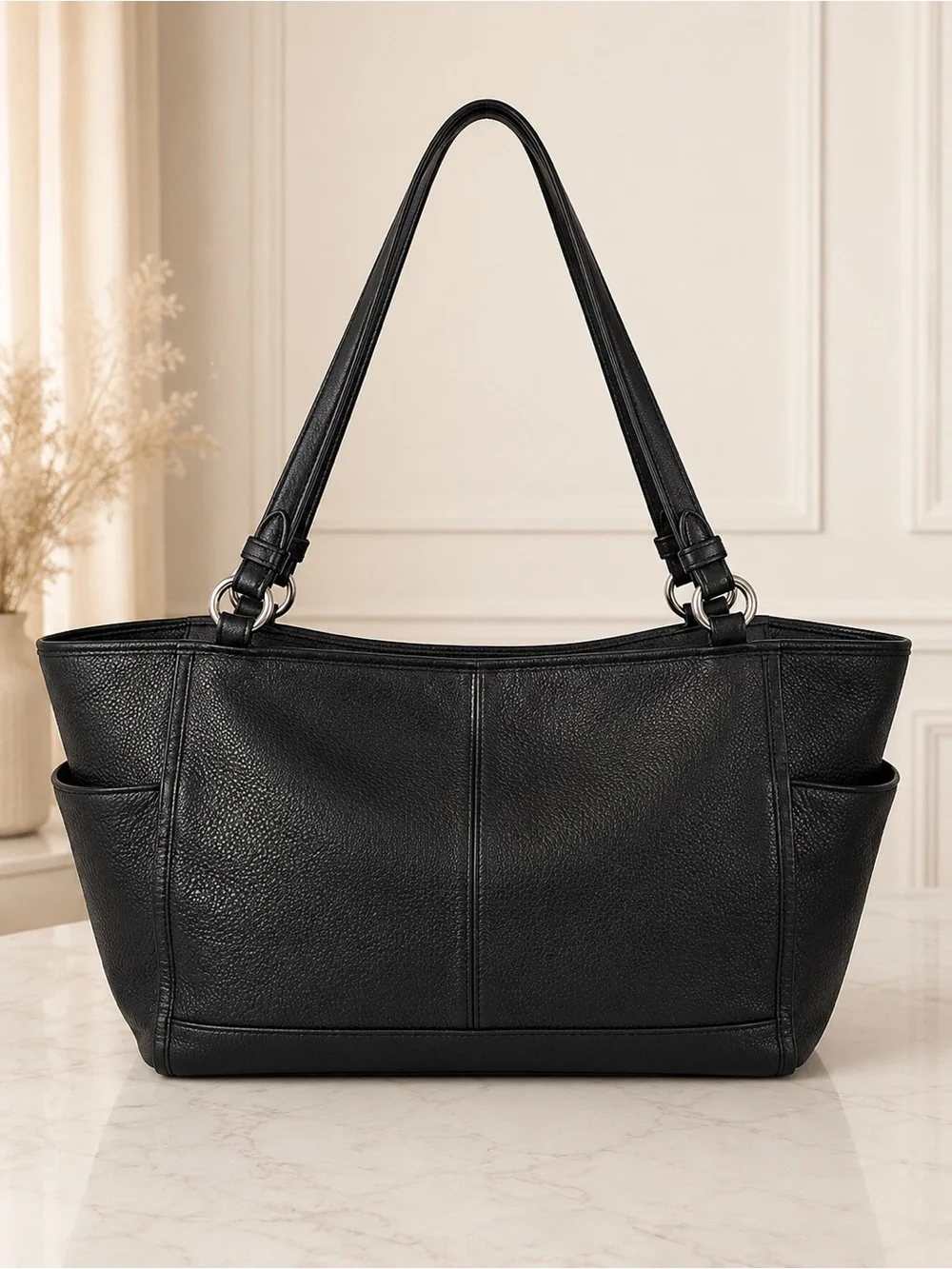 Coach Black Pebbled Leather Large Tote Shoulder Bag Work Laptop Carryall